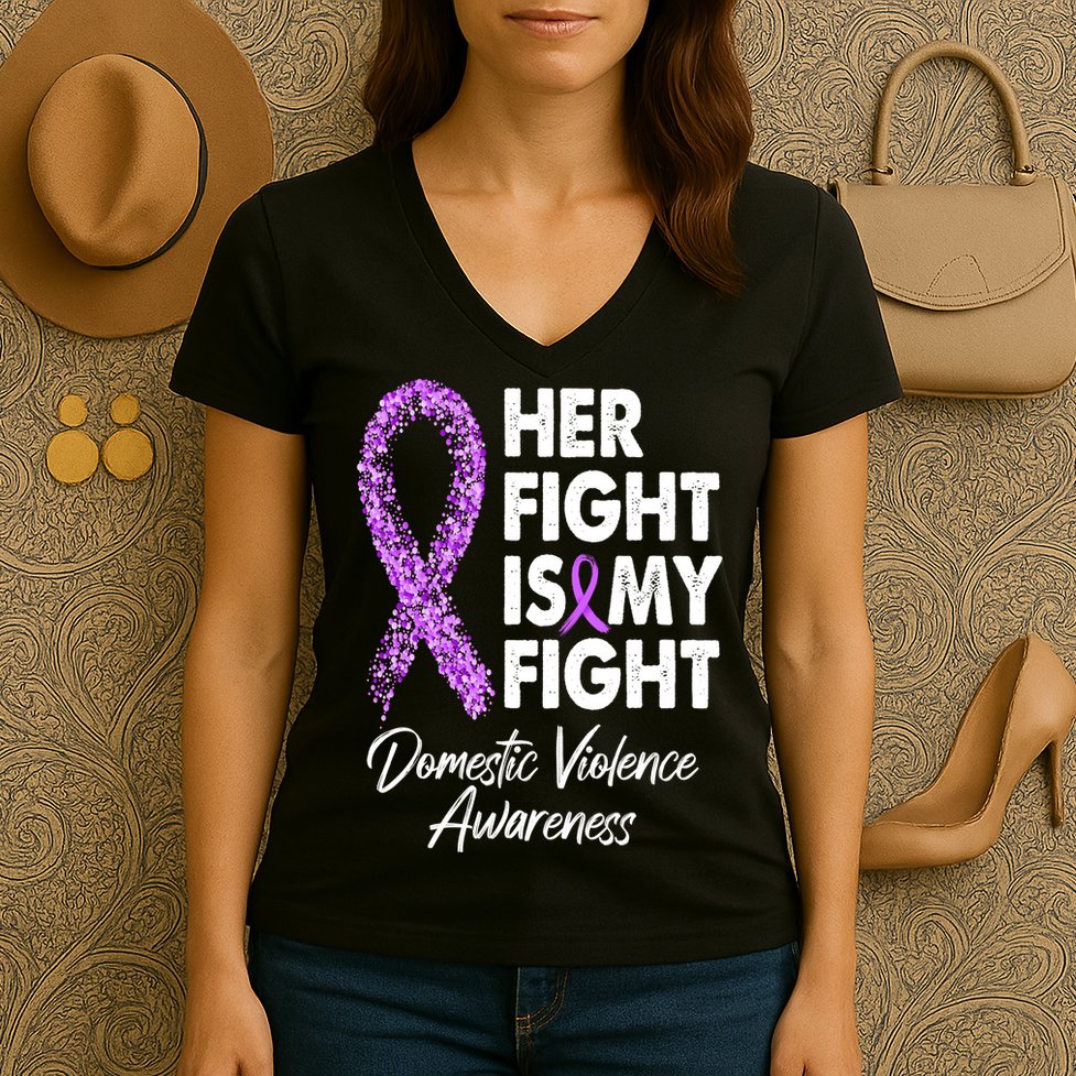 Her Fight is My Fight Domestic Violence Awareness Purple Ribbon Women's V-Neck T-Shirt