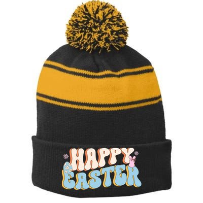 Happy Easter Retro Vintage Stripe Pom Pom Beanie