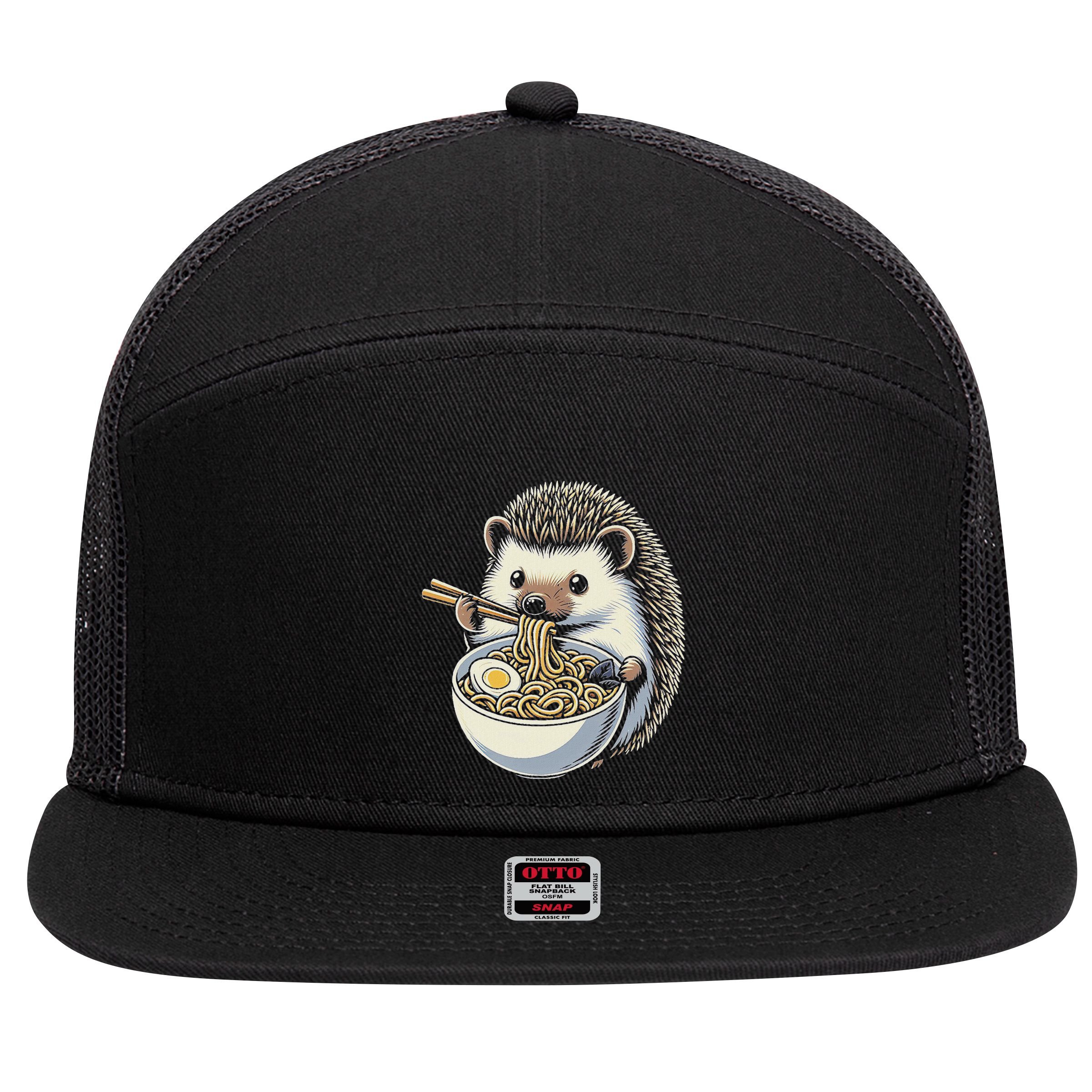 Hedgehog Eating Ramen Japanese Noodles Soup 7 Panel Mesh Trucker Snapback Hat