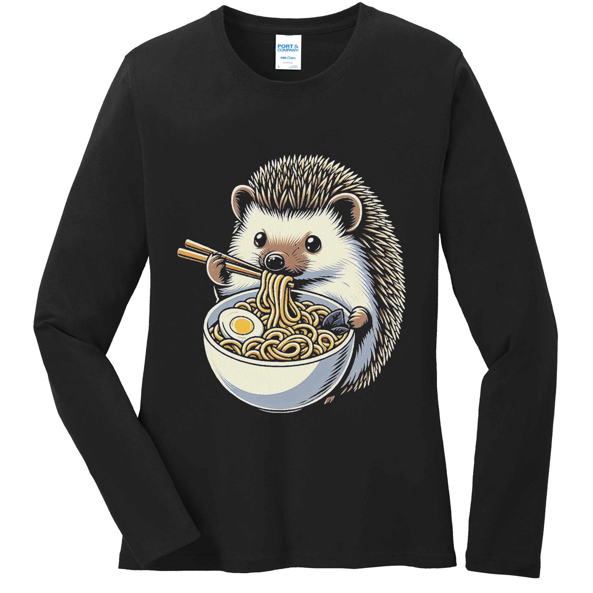 Hedgehog Eating Ramen Japanese Noodles Soup Ladies Long Sleeve Shirt