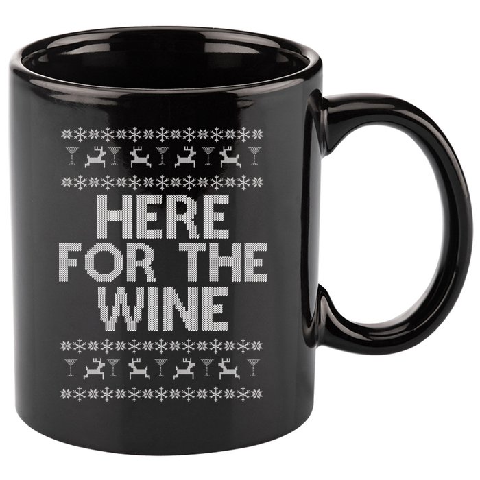 Here For The Wine Ugly Christmas Sweater 11oz C Handle Ceramic Mug