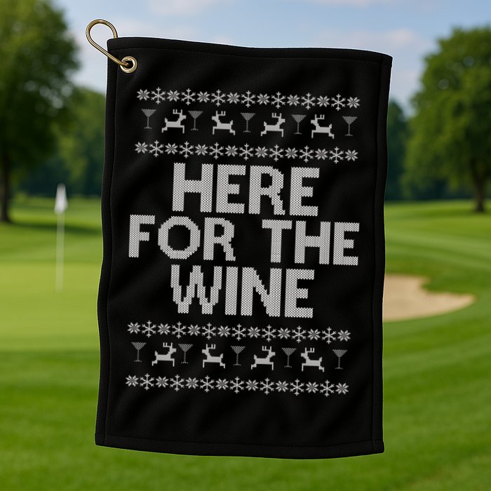 Here For The Wine Ugly Christmas Sweater Golf Towel