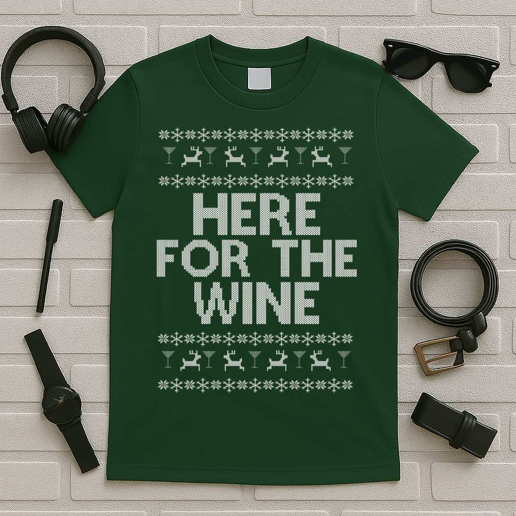 Here For The Wine Ugly Christmas Sweater T-Shirt