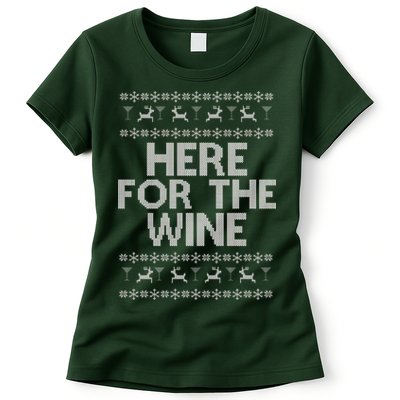 Here For The Wine Ugly Christmas Sweater Womens T-Shirt