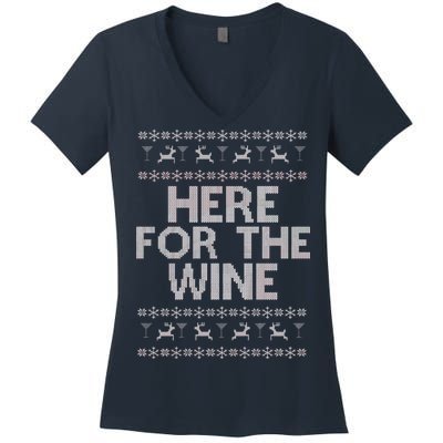 Here For The Wine Ugly Christmas Sweater Women's V-Neck T-Shirt