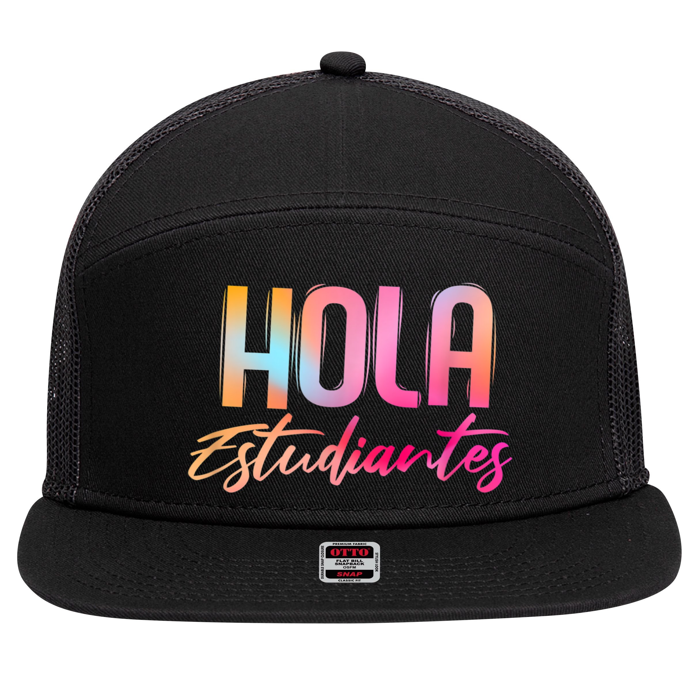 Hola Estudiantes Spanish Teacher Funny Back To School 7 Panel Mesh Trucker Snapback Hat