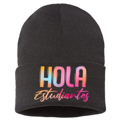 Hola Estudiantes Spanish Teacher Funny Back To School Sustainable Knit Beanie