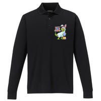 Happy Eastrawr T Rex Easter Bunny Dinosaur Eggs Boys Kids Performance Long Sleeve Polo