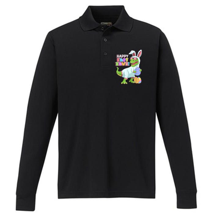 Happy Eastrawr T Rex Easter Bunny Dinosaur Eggs Boys Kids Performance Long Sleeve Polo