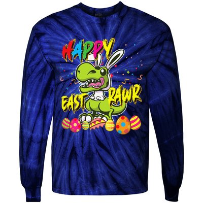 Happy Eastrawr TRex Easter Dinosaur Egg Bunny Dino Tie-Dye Long Sleeve Shirt