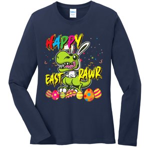 Happy Eastrawr TRex Easter Dinosaur Egg Bunny Dino Ladies Long Sleeve Shirt