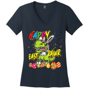 Happy Eastrawr TRex Easter Dinosaur Egg Bunny Dino Women's V-Neck T-Shirt