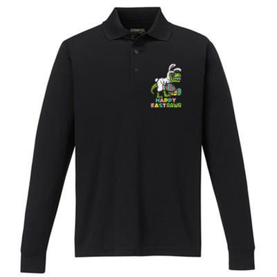 Happy Eastrawr Trex Easter Bunny Egg Funny Dinosaur Gift Performance Long Sleeve Polo