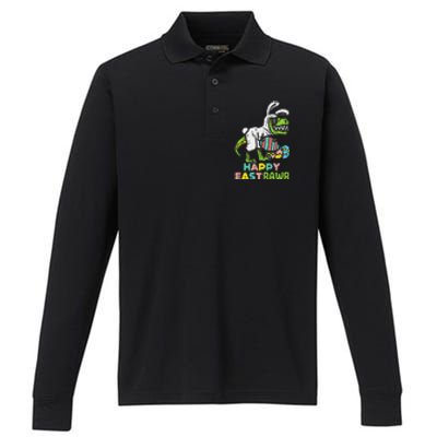 Happy Eastrawr Trex Easter Bunny Egg Funny Dinosaur Performance Long Sleeve Polo