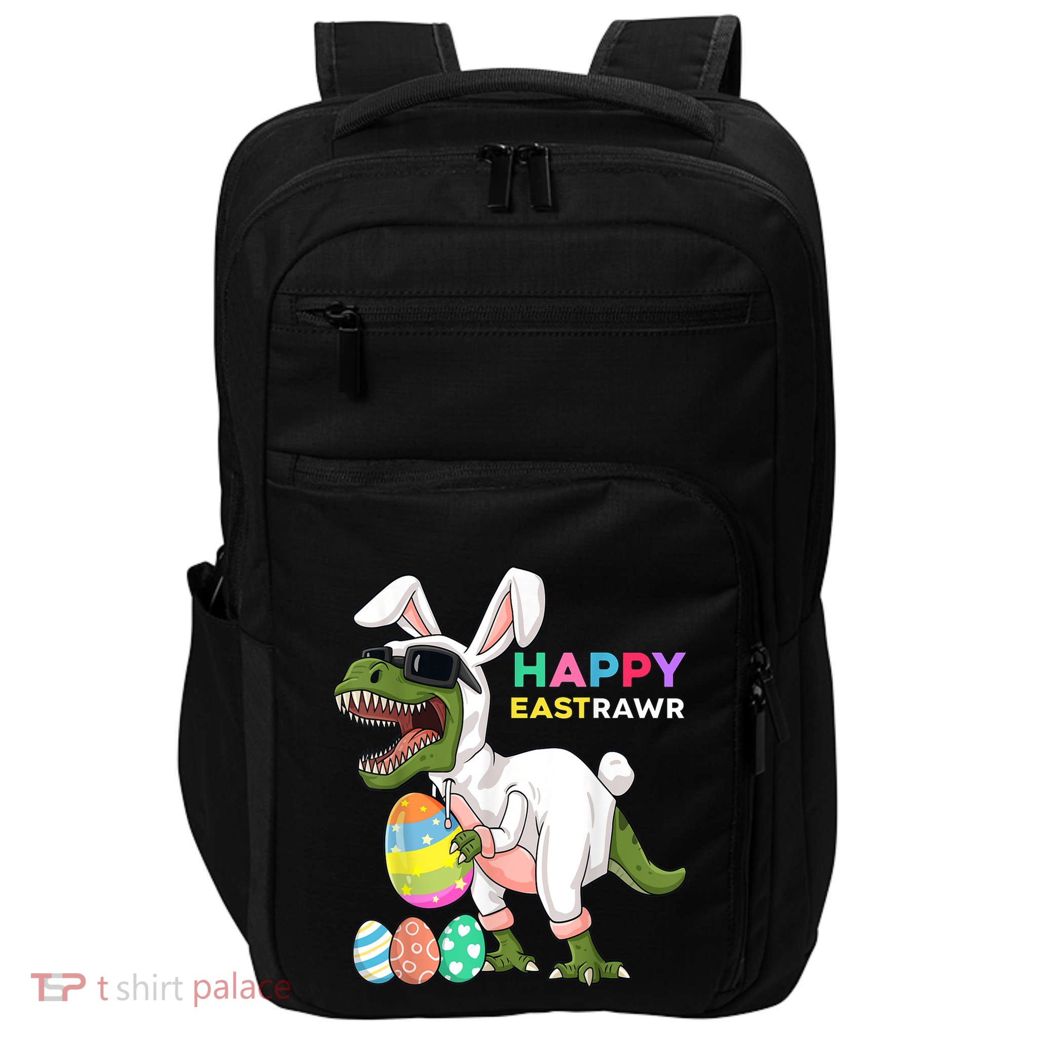 Happy Eastrawr T Rex Easter Bunny Dinosaur Eggs Boy kid Impact Tech Backpack