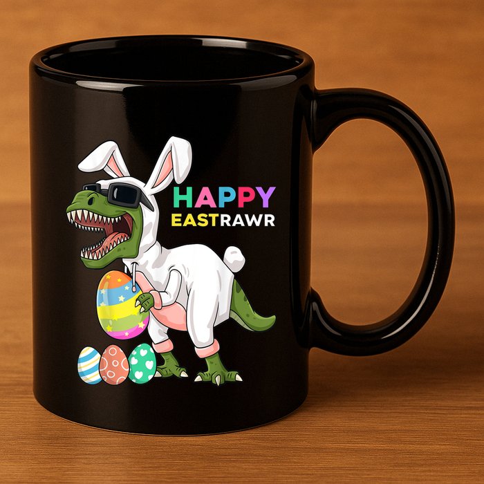 Happy Eastrawr T Rex Easter Bunny Dinosaur Eggs Boy kid 11oz C Handle Ceramic Mug