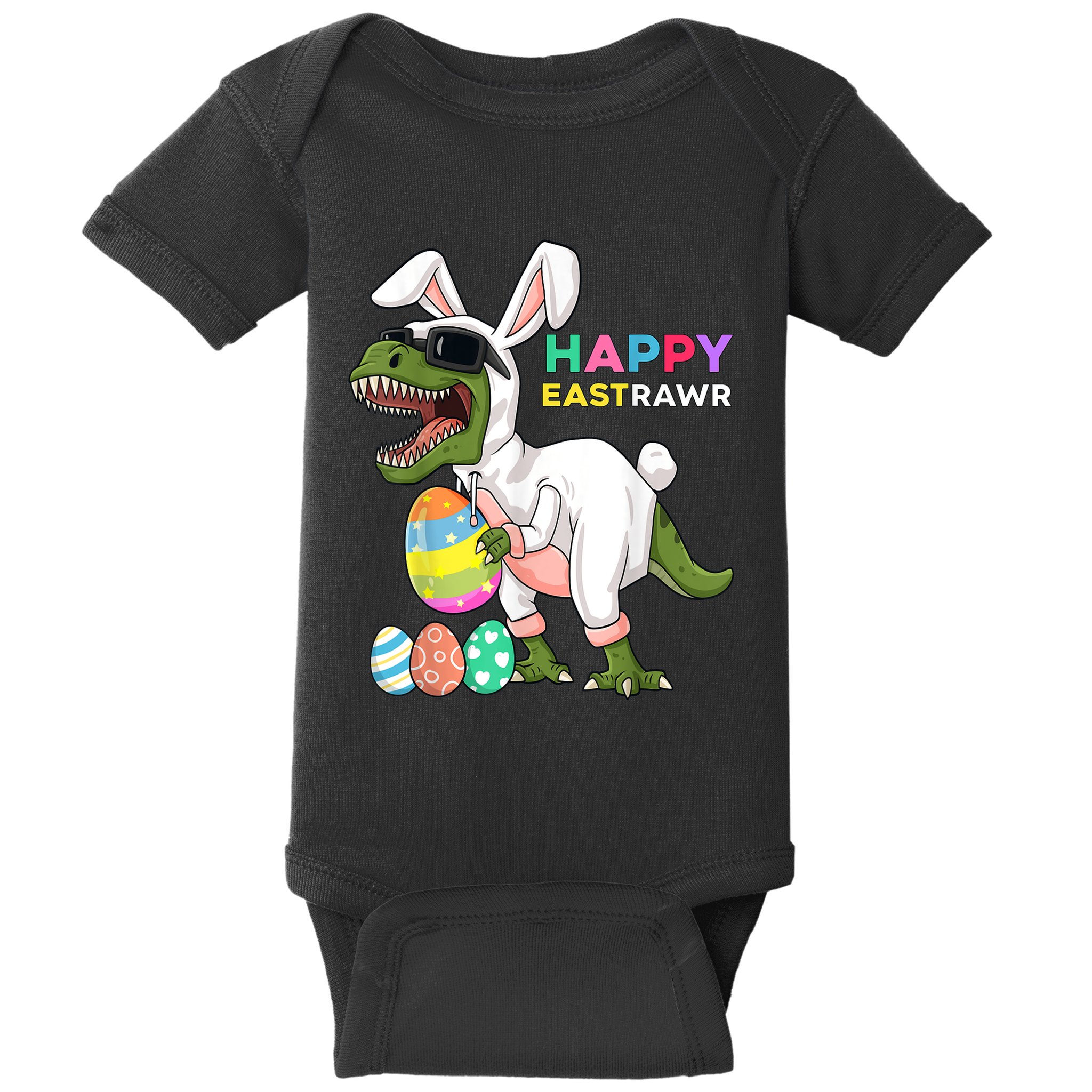 Happy Eastrawr T Rex Easter Bunny Dinosaur Eggs Boy kid Baby Bodysuit