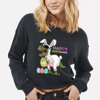 Happy Eastrawr T Rex Easter Bunny Dinosaur Eggs Boy kid Cropped Pullover Crew