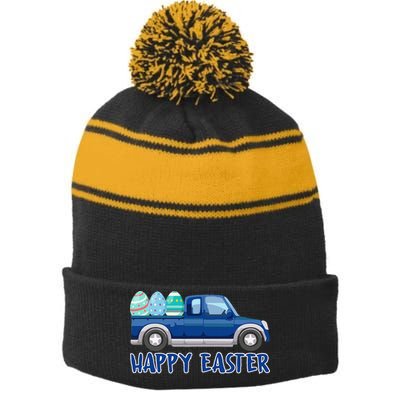 Happy Easter Truck Funny Easter Egg Hunting Stripe Pom Pom Beanie