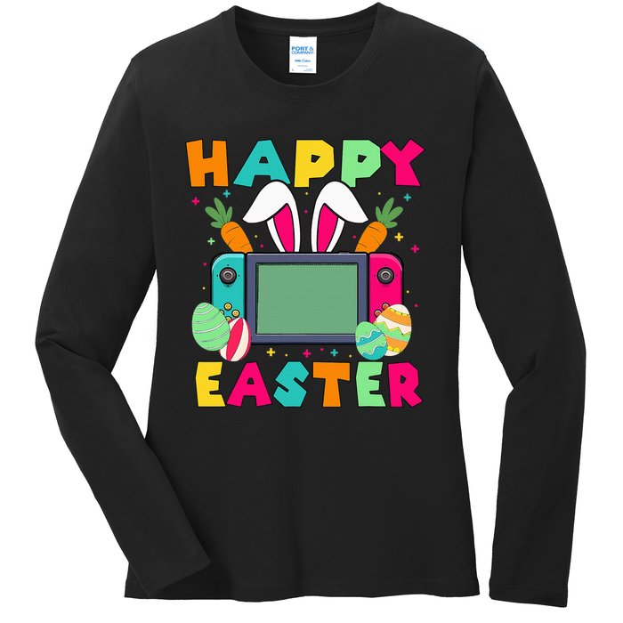 Happy Easter Video Game Bunny Gaming Controller Ladies Long Sleeve Shirt