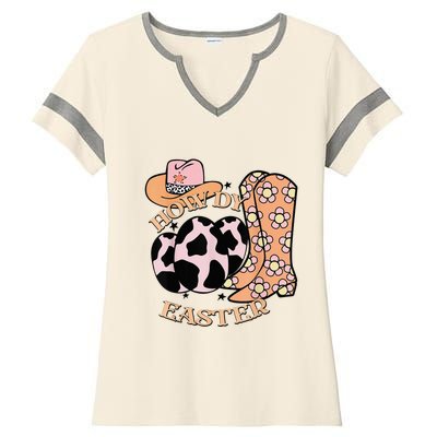 Howdy Easter Western Cow Boots Easter Egg Cowhide Ladies Halftime Notch Neck Tee