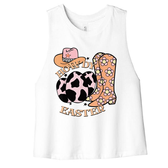 Howdy Easter Western Cow Boots Easter Egg Cowhide Women's Racerback Cropped Tank