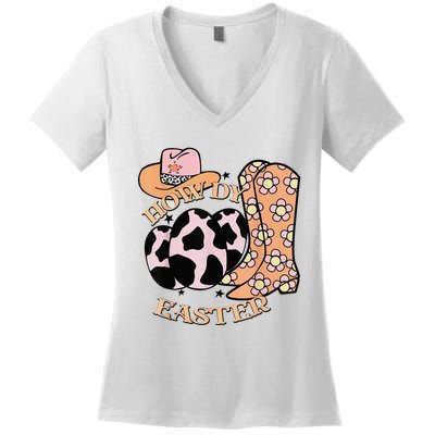 Howdy Easter Western Cow Boots Easter Egg Cowhide Women's V-Neck T-Shirt