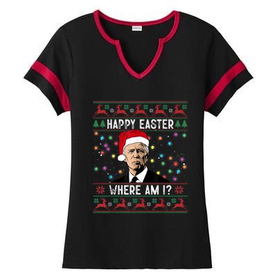 Happy Easter Where Am I Funny Joe Biden Santa Ugly Christmas Ladies Halftime Notch Neck Tee