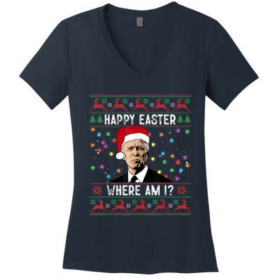 Happy Easter Where Am I Funny Joe Biden Santa Ugly Christmas Women's V-Neck T-Shirt