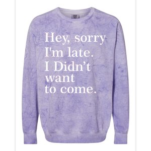 Hey, Sorry I'm Late. I Didn't Want To Come. Colorblast Crewneck Sweatshirt