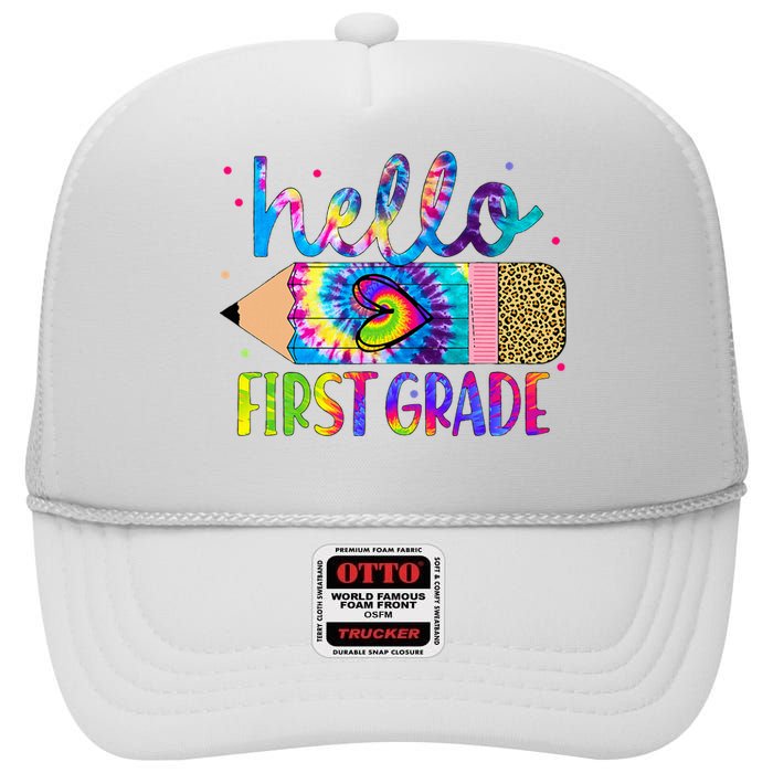 Hello First 1st Grade Back To School Teachers High Crown Mesh Back Trucker Hat