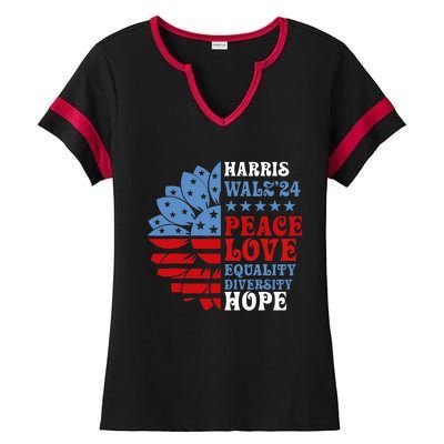 Harriswaltz Forward 2024 Kamala Harris Peace Love Ladies Halftime Notch Neck Tee