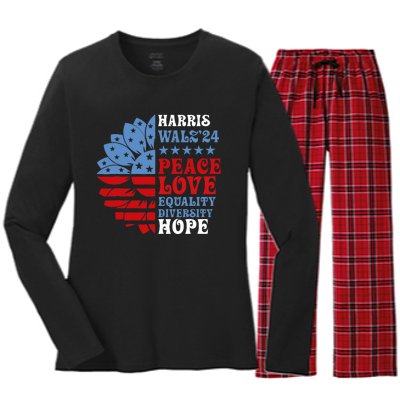 Harriswaltz Forward 2024 Kamala Harris Peace Love Women's Long Sleeve Flannel Pajama Set 