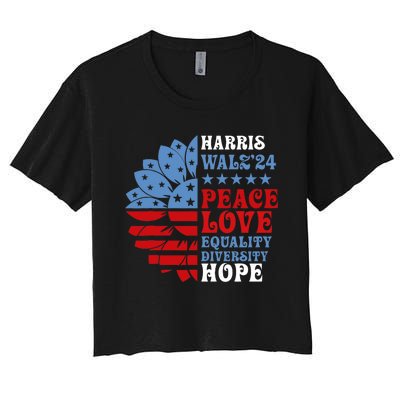 Harriswaltz Forward 2024 Kamala Harris Peace Love Women's Crop Top Tee