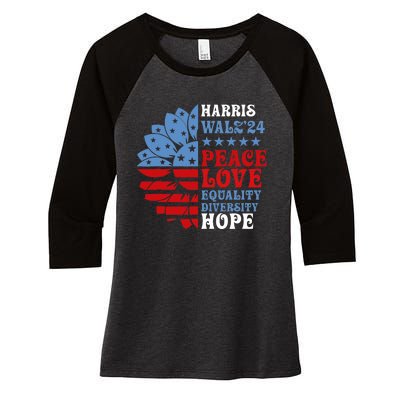 Harriswaltz Forward 2024 Kamala Harris Peace Love Women's Tri-Blend 3/4-Sleeve Raglan Shirt