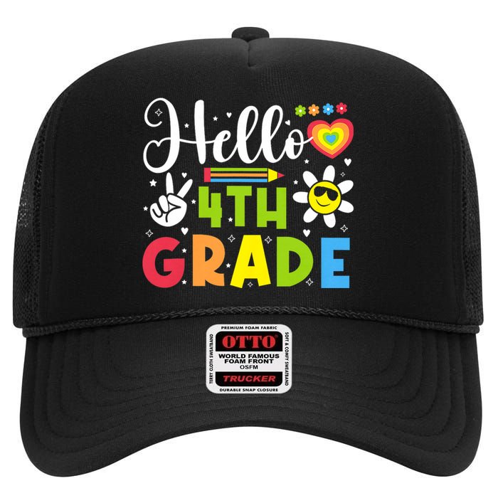 Hello Fourth 4th Grade Happy First Day Of School High Crown Mesh Back Trucker Hat