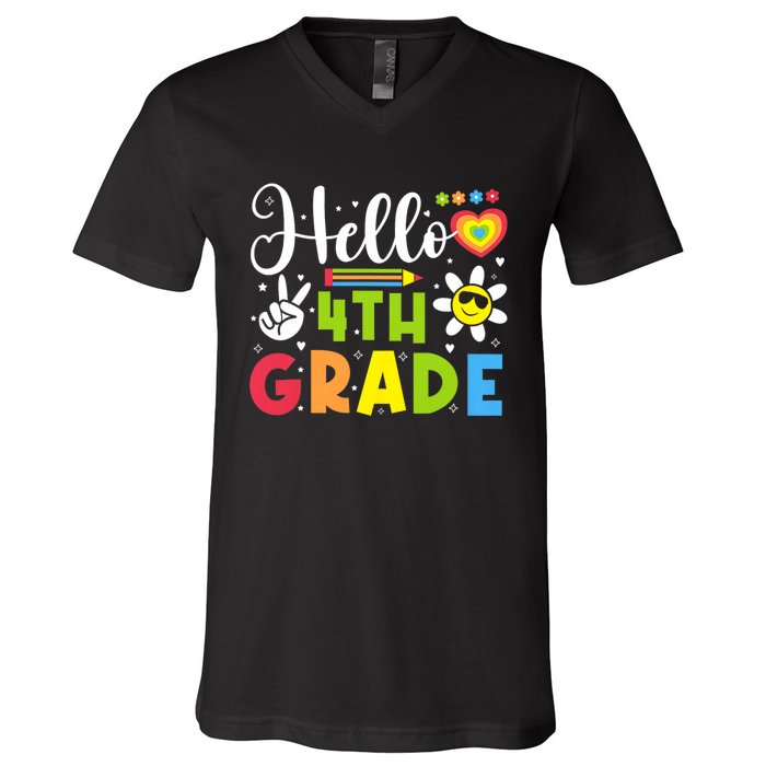 Hello Fourth 4th Grade Happy First Day Of School V-Neck T-Shirt