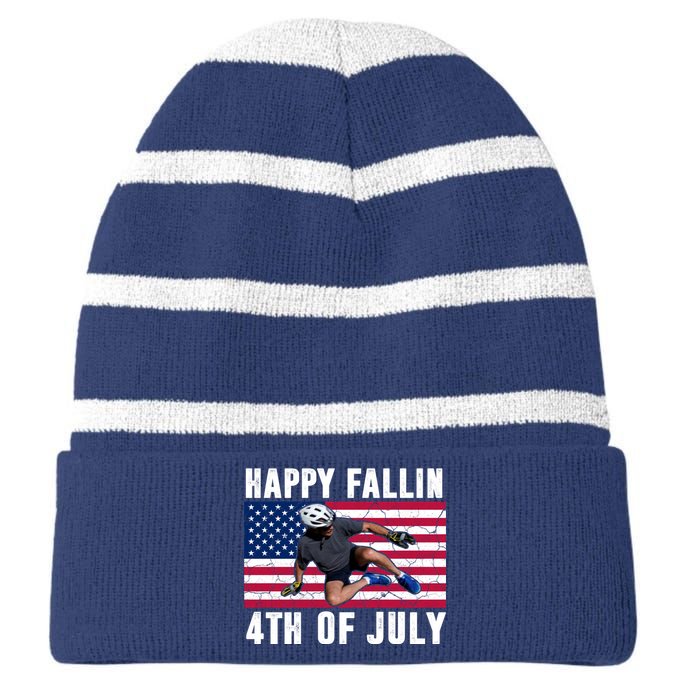 Happy Fallen 4th Of July Funny Joe Biden Bicycle Striped Beanie with Solid Band