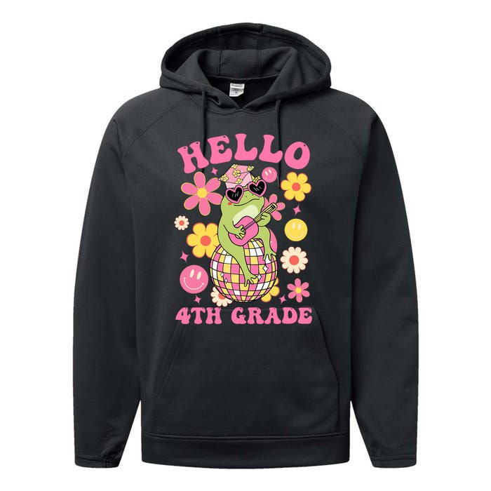 Hello Fourth 4th Grade Back To School Groovy Frog Funny Performance Fleece Hoodie