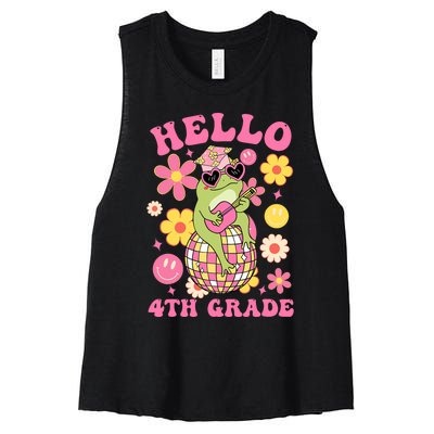 Hello Fourth 4th Grade Back To School Groovy Frog Funny Women's Racerback Cropped Tank