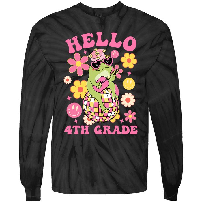 Hello Fourth 4th Grade Back To School Groovy Frog Funny Tie-Dye Long Sleeve Shirt