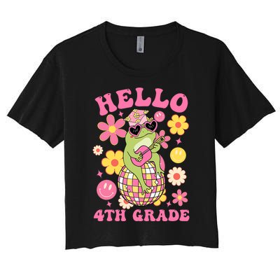 Hello Fourth 4th Grade Back To School Groovy Frog Funny Women's Crop Top Tee