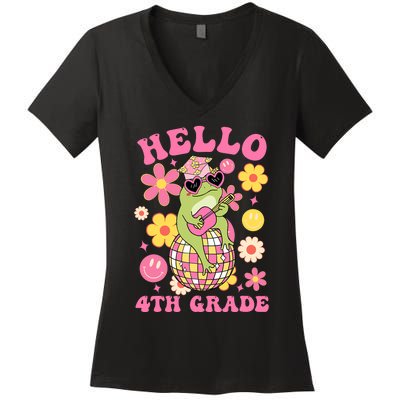 Hello Fourth 4th Grade Back To School Groovy Frog Funny Women's V-Neck T-Shirt