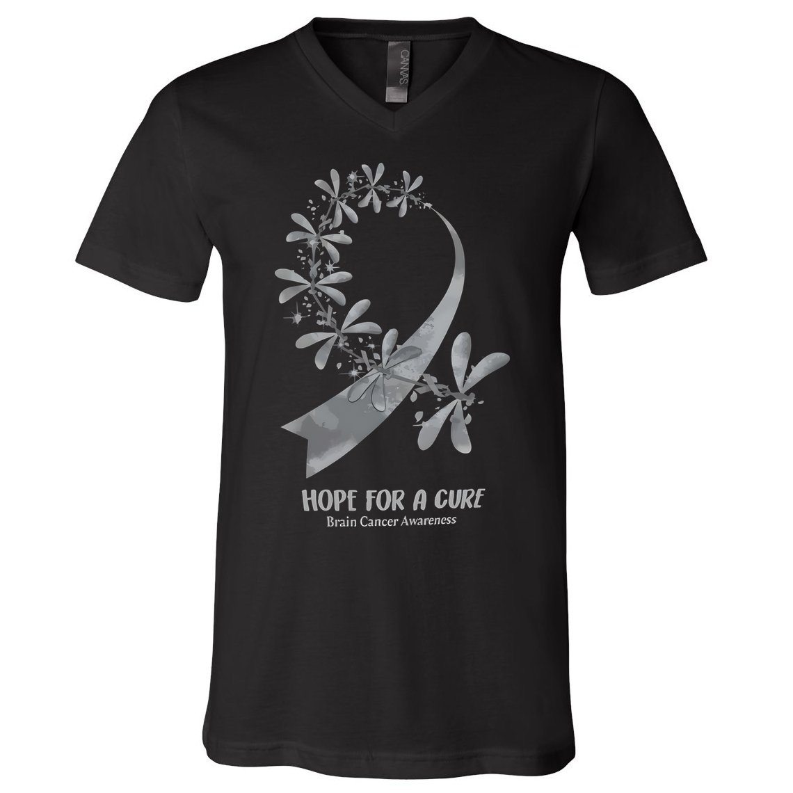 Hope For A Cure Brain Cancer Awareness Cancer Support Gray Ribbon V-Neck T-Shirt