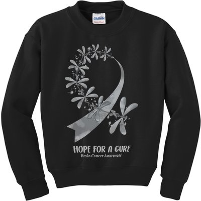 Hope For A Cure Brain Cancer Awareness Cancer Support Gray Ribbon Kids Sweatshirt