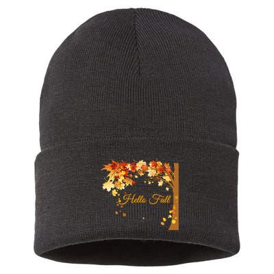 Hello Fall Autumn Halloween Leaves Foliage Sustainable Knit Beanie