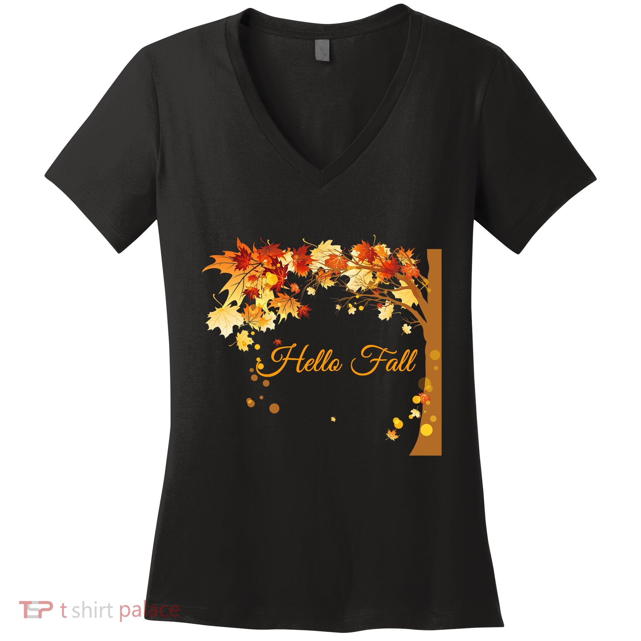 Hello Fall Autumn Halloween Leaves Foliage Women's V-Neck T-Shirt