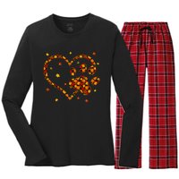 Hello Fall Autumn Leaf Pumpkin Dog Paw  Women's Long Sleeve Flannel Pajama Set 