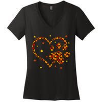 Hello Fall Autumn Leaf Pumpkin Dog Paw  Women's V-Neck T-Shirt