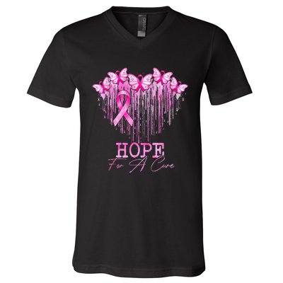 Hope For A Cure Pink Butterfly Breast Cancer Awareness V-Neck T-Shirt